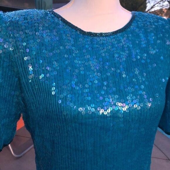 Saks Fifth Avenue Silk Top Small S Womens Vintage Blue Sequin Short Sleeve - Picture 9 of 12